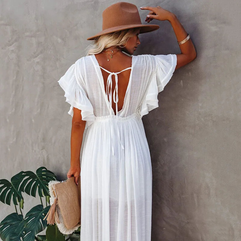 Elegant White Button-Down Maxi Beach Cover-Up Dress for Women – Lightweight Summer Kimono Cardigan - AdDRESSingMe