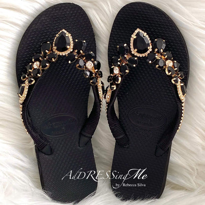 AdDRESSingMe™ Black Luxurious Flip Flops With Rhinestones - AdDRESSingMe