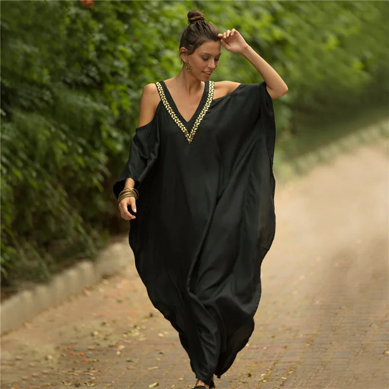 Women's Cold Shoulder Kaftan Dress - Olive Green Boho Beach Cover Up - AdDRESSingMe