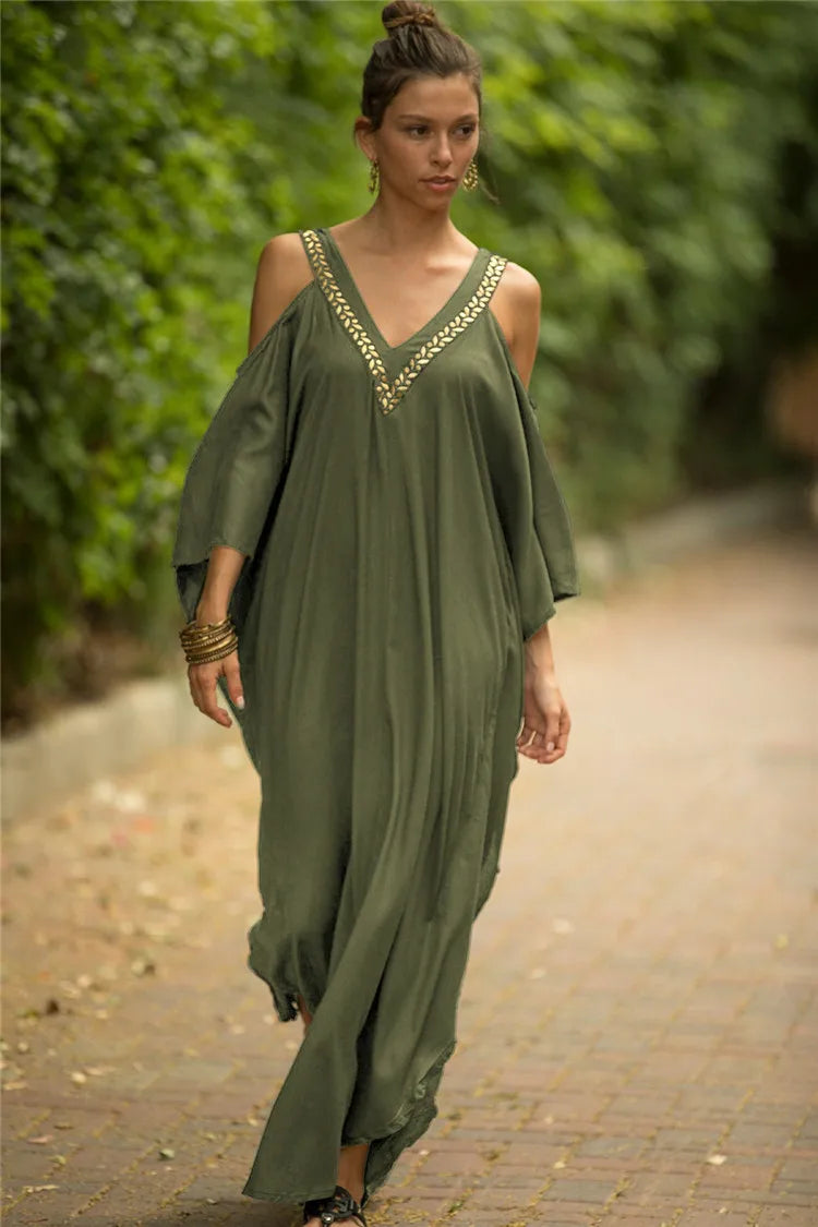 Women's Cold Shoulder Kaftan Dress - Olive Green Boho Beach Cover Up - AdDRESSingMe