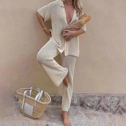 Women's Crochet Beach Cover Up Set - Boho Summer Shirt and Pants in Cream - AdDRESSingMe