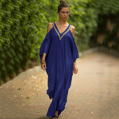 Women's Cold Shoulder Kaftan Dress - Olive Green Boho Beach Cover Up - AdDRESSingMe