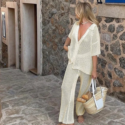 Women's Crochet Beach Cover Up Set - Boho Summer Shirt and Pants in Cream - AdDRESSingMe