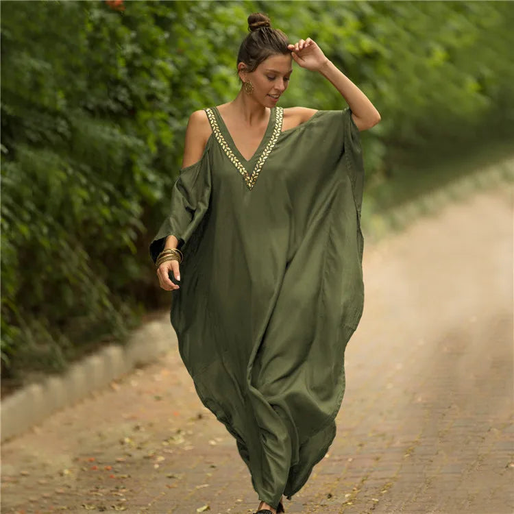 Women's Cold Shoulder Kaftan Dress - Olive Green Boho Beach Cover Up - AdDRESSingMe